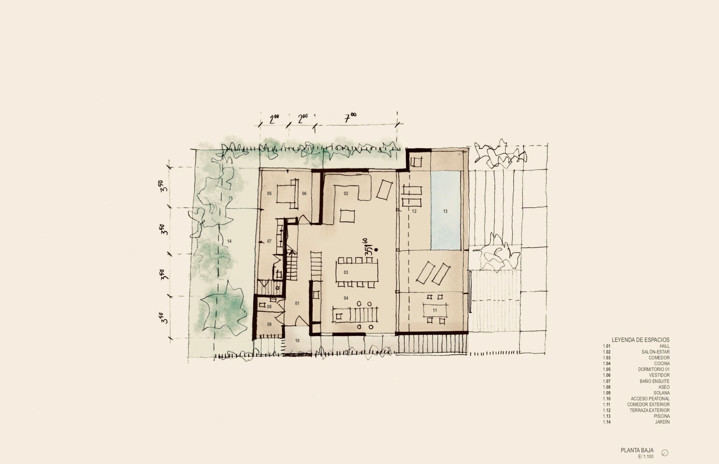 9 Croquis Eustaquio Martínez, con la idea del proyecto de disponer el salón/comedor/cocina en la planta baja, con frente a una terraza con carácter de patio con miradas tamizadas hacia el oeste y abiertas hacia el suroeste
