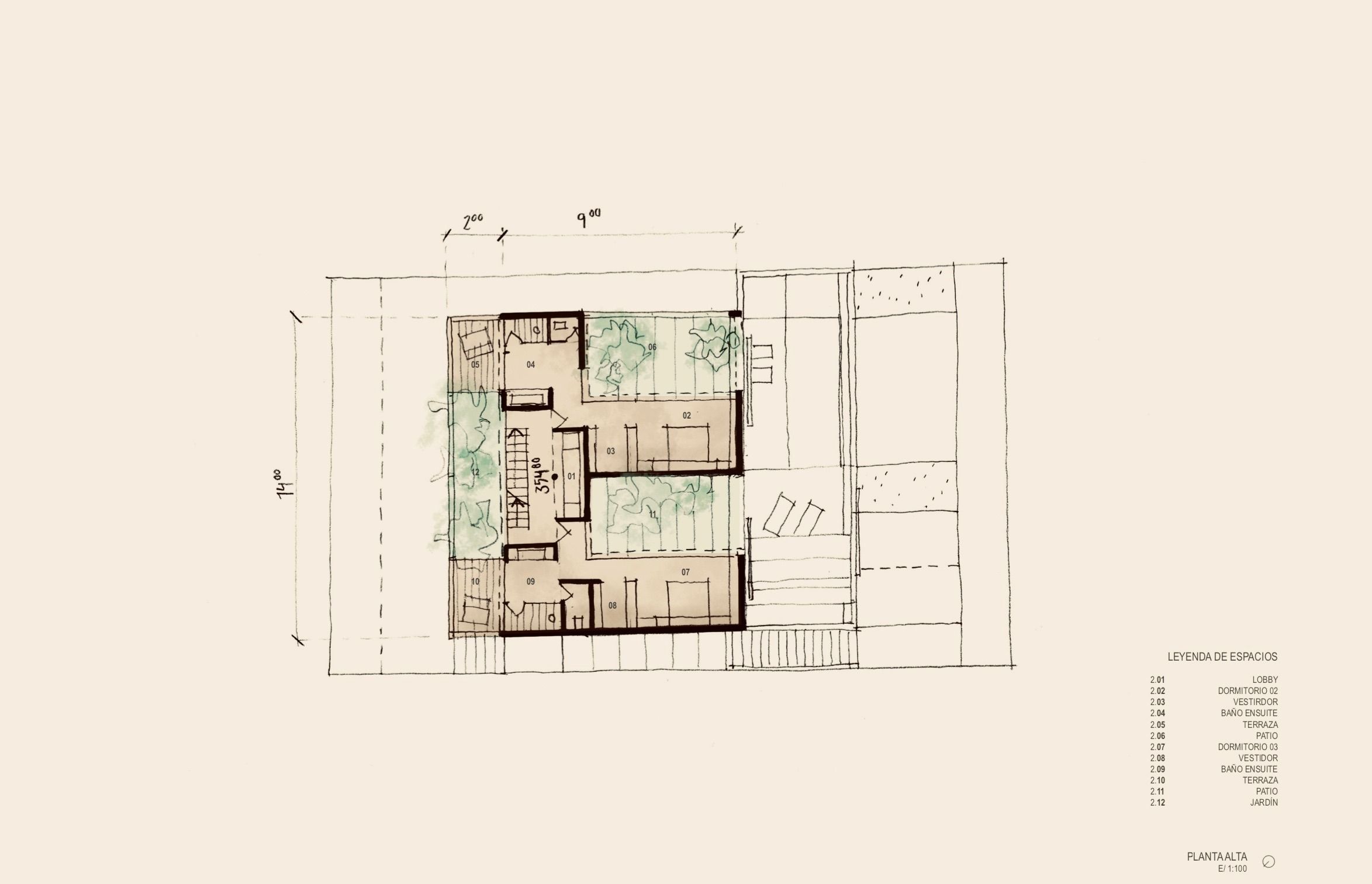 10 Croquis Eustaquio Martínez, con la idea del proyecto de disponer dos patios en planta alta, uno por dormitorio, con iluminación y vistas a su través