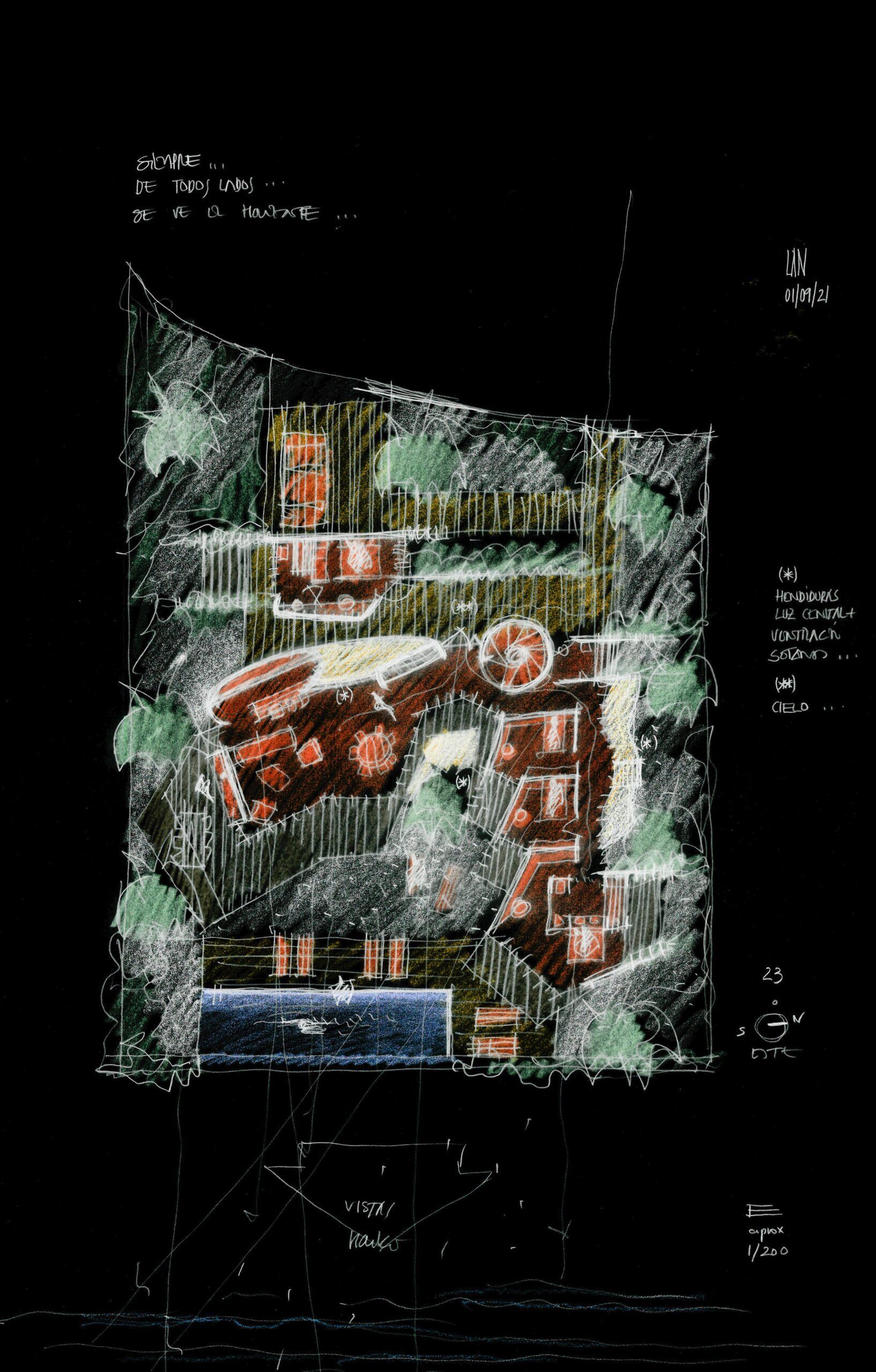 24 Virgilio Gutiérrez Herreros - Dibujo de la serie Casas en papel, en juego de color ( Casa y plano del horizonte lejano en Costa Teguise, en Lanzarote, con Diego Gopar Alcántara ), 2021.